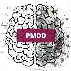 the outline of a brain in black and white with splotches of paint on the right side and math on the left. There is a magenta rectangle with the acronym PMDD in white on top of the brain.